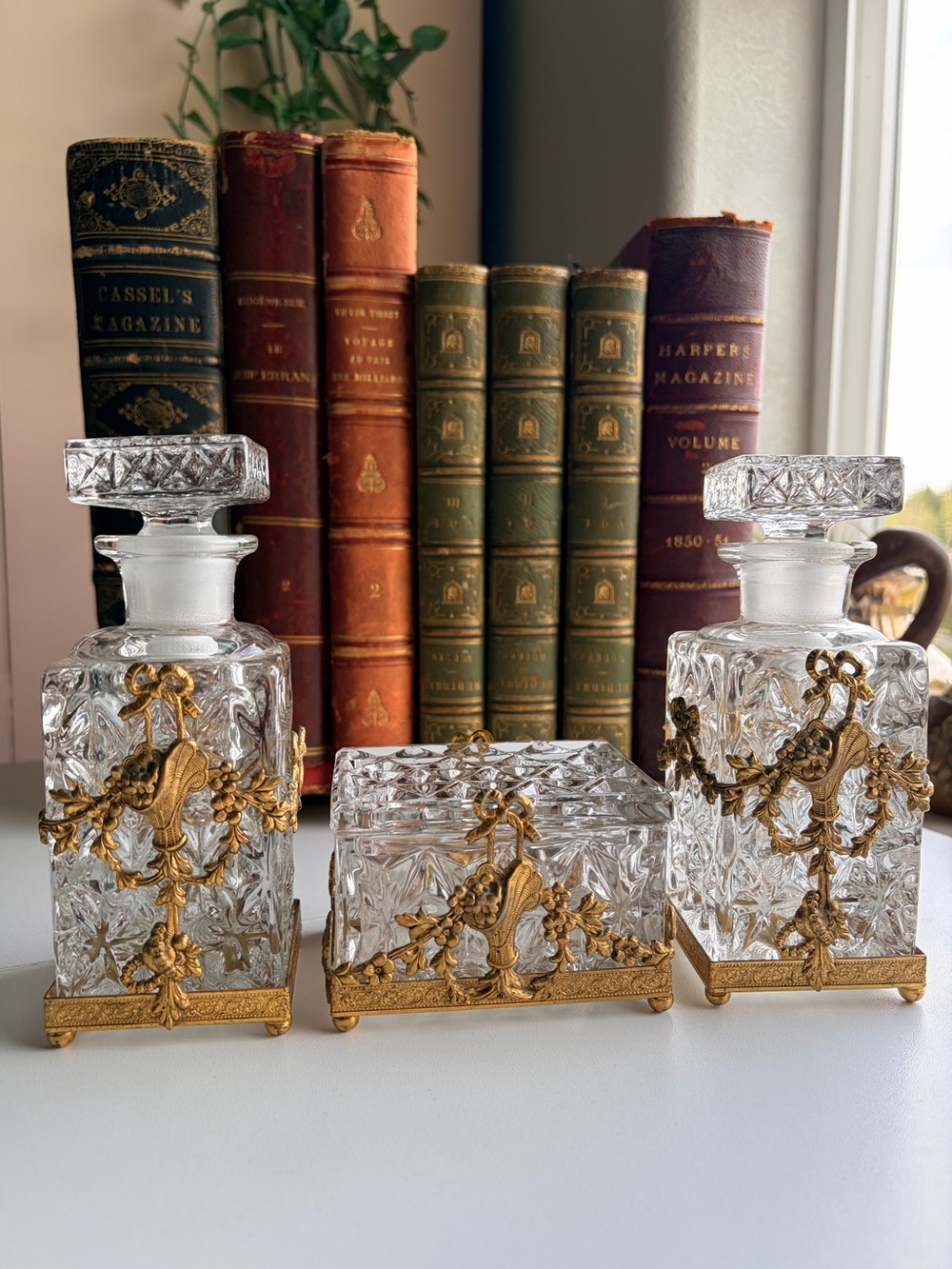 Vintage French-Style Ormolu & Cut Glass 3 Piece Vanity Set